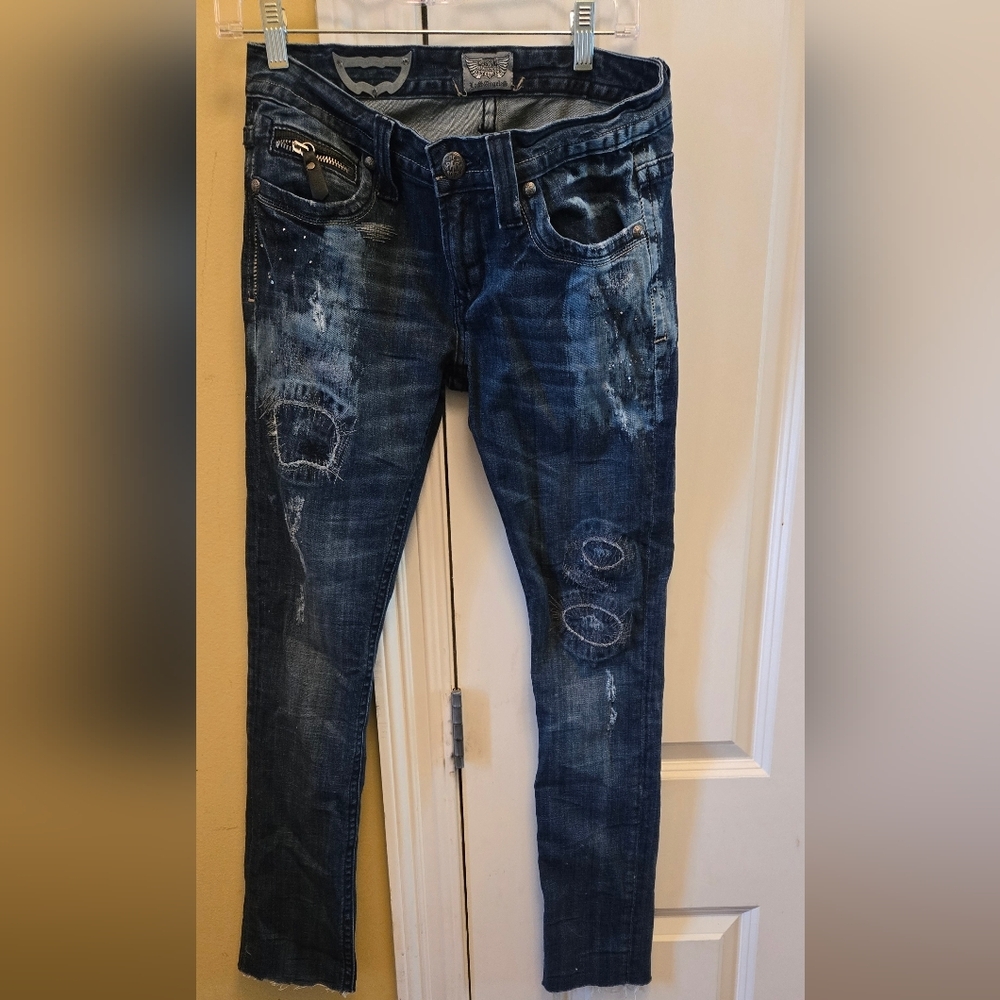 Express Womens Y2k Stunning ReRock  Blue Skinny Jeans with Unique Distressing